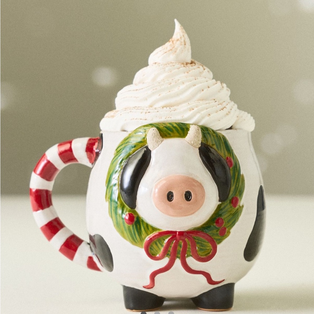 Anthropologie Festive Animal Stoneware Mug | Cow | NIB